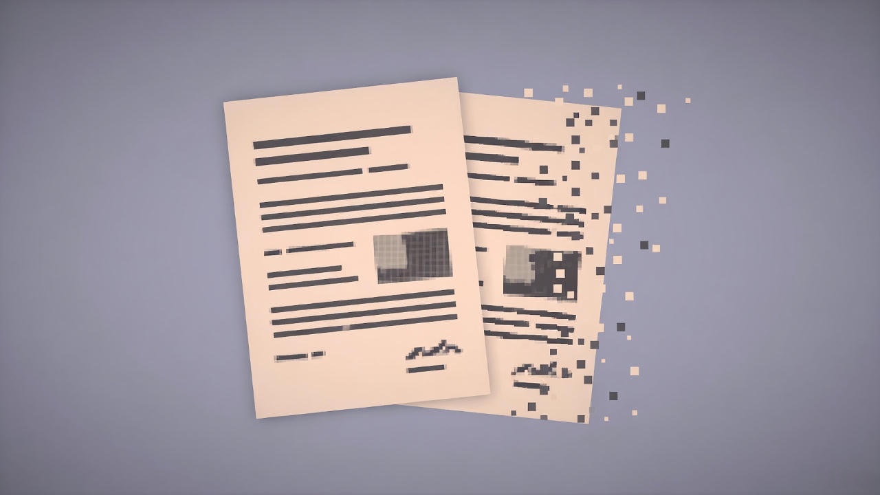 Two overlapping documents with one dissolving into digital pixels, symbolizing plagiarism, loss of originality, and data duplication in academic or professional writing on a neutral background.